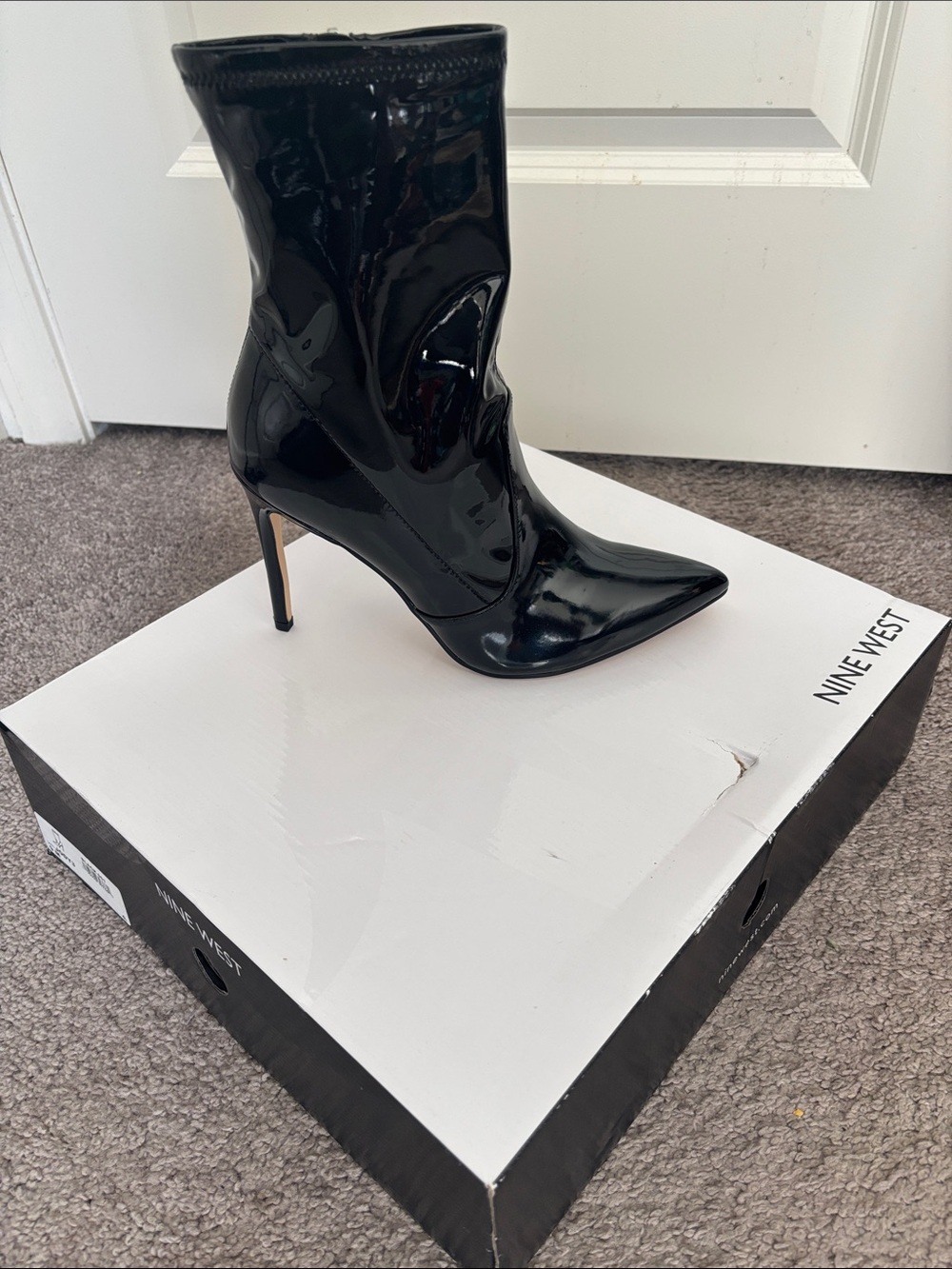 Nine West Black Patent Pointed Ankle Stiletto Boots